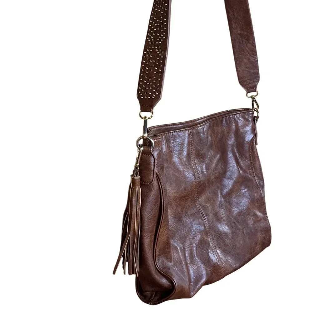 MMS Design Studio Brown Vegan Leather‎ Studded Strap Hobo Bag with Tassel